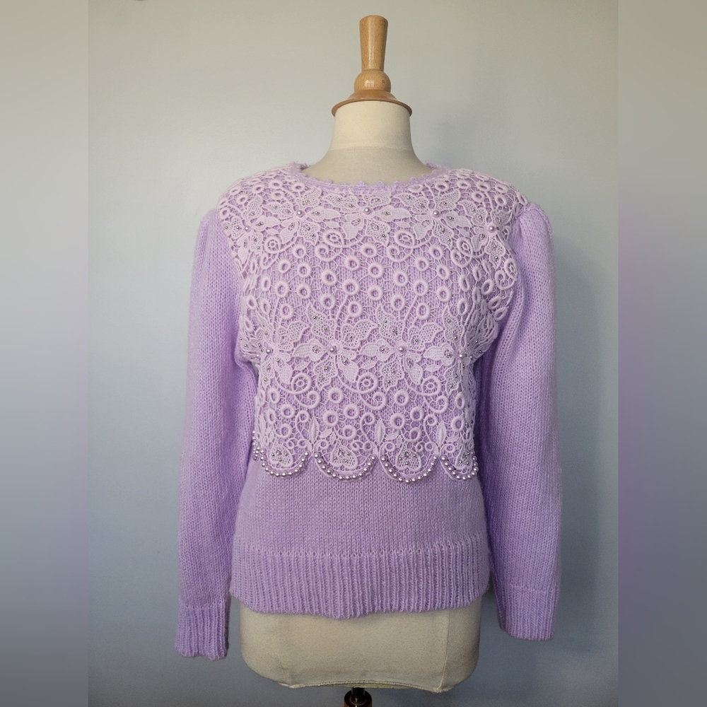 VTG! Dana Ashley Lace Faux Pearl Coquette Romantic Pastel Sweater SZ M
